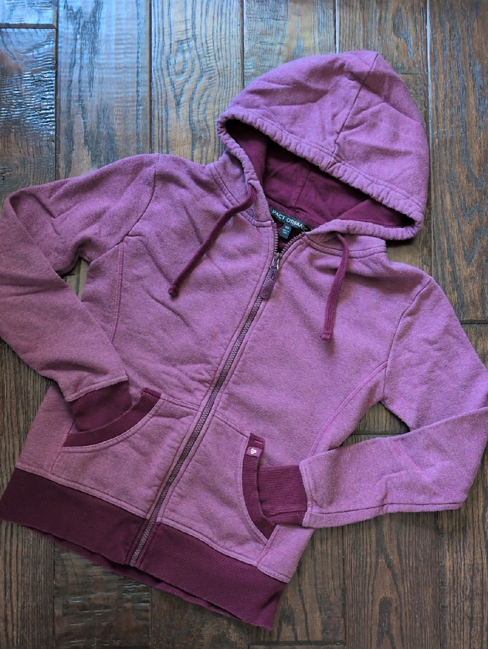 PACT ORGANIC I Burgundy Purple Mauve Hooded Zip-Up Sweatshirt Jacket, XS